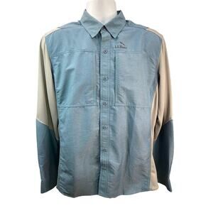 LL Bean Fishing Shirt Men Medium Blue Gray Hybrid Angler Vented Long Sleeve